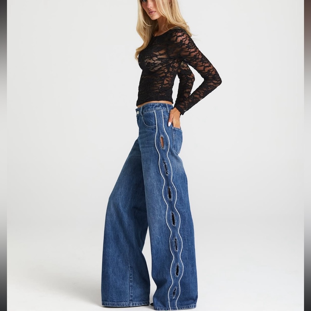 Wide Leg Boyfriend Jeans with Side Cutout Detail - Blue